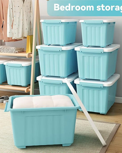 Nazhura 97 Quart Plastic Storage Bin, Stackable and Nestable Storage Boxes with White Lids and Secure Latching Buckles, Large Storage Container (Blue, 97Quart-6Pack)