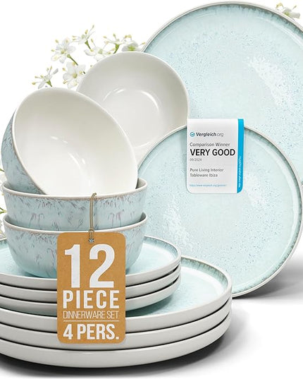 Stoneware dinnerware set 4 persons 12 pcs – Modern style plates and bowls set ceramic – Dishwasher, microwave and scratch resistant – Bowl and plate set – Dinner service Pure Living beige & light blue