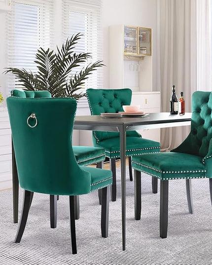 SoarFlash Velvet Dining Chairs Set of 4, Tall Back Side Chair, Modern Upholstered High-end Tufted Side Chair with Button Back Ring, Solid Wood Legs (Green)
