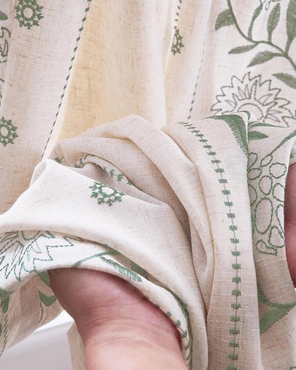 jinchan Winslow Linen Curtains 54 Inch Length Christmas Decorations Farmhouse Small Window Curtains Embroidered Bordered Floral Drapes Light Filtering for Bathroom Kitchen Sage on Beige 2 Panels
