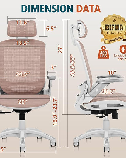 GABRYLLY Ergonomic Office Chair, High Back Home Desk Chair with Headrest, Flip-Up Arms, 90-120° Tilt Lock and Wide Cushion, 400LBS Mesh Chairs for Man Woman, White Task Chair(Pink,GY01WPK)