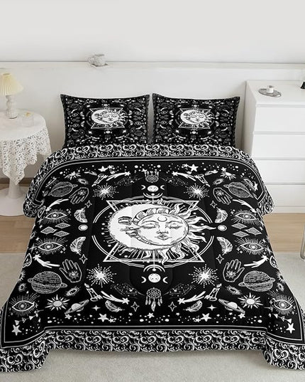 Sun and Moon Kids Comforter Set King Size,Starry Sky Galaxy Planets Trippy Bedding Set,Boys Girls Adults Room Decor,Paisley Boho Exotic Down Comforter,Black White Chic Duvet Insert,2 Pillowcases