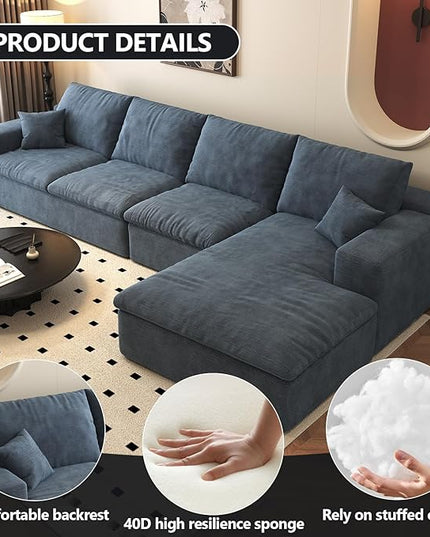 136.6'' L-Shaped Modern Modular Sectional Cloud Couch, 4-Seat Chenille Deep-Seat Sofa with Pillow for Living Room, Bedroom, Apartment, Ocean Blue