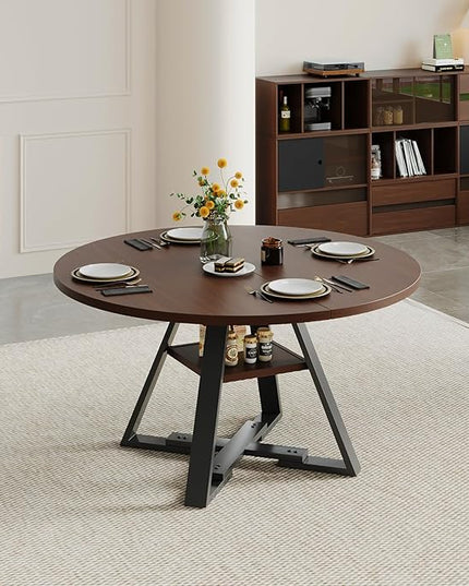Walnut Round Dining Table Set for 4, Mid-Century Modern Kitchen Table and Chairs, Small Space Dining Room Furniture for Apartment, Breakfast Nook or Studio (Walnut Wood-1 Storage Table)
