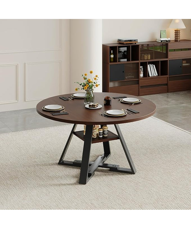 Walnut Round Dining Table Set for 4, Mid-Century Modern Kitchen Table and Chairs, Small Space Dining Room Furniture for Apartment, Breakfast Nook or Studio (Walnut Wood-1 Storage Table)