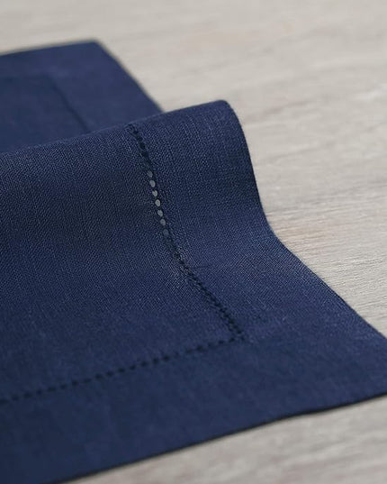 Solino Home Linen Cloth Placemats Set of 6-100% Pure Linen Hemstitch Navy Blue Placemats 14 x 19 Inch - Classic Hemstitch Table Place Mats for Christmas, Holiday, Winter, New Year