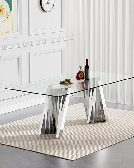 70" Glass Dining Table,Silver Dinner Room Glass Table for 6 8,Modern Kitchen Dinner Table with Stainless Steel Base and Clear Tempered Glass Top for Living Dining Room