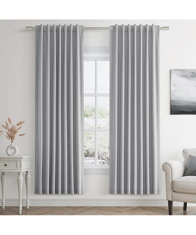Guken Grey Linen Blackout Curtains 72 Inch Length 2 Panels Set for Living Room Bedroom Back Tab Thermal Insulated 100% Black Out Linen Drapes Room Darkening Window Curtains 72 Inches Long