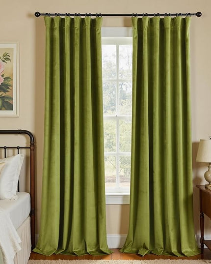 KOUFALL Velvet Curtains 90 Inch Long,Pretty Decorative Blackout Not Pinch Pleated Rod Pocket Crushed Velour Retro Green Mid Century Modern Victorian Curtains for Living Room Bedroom