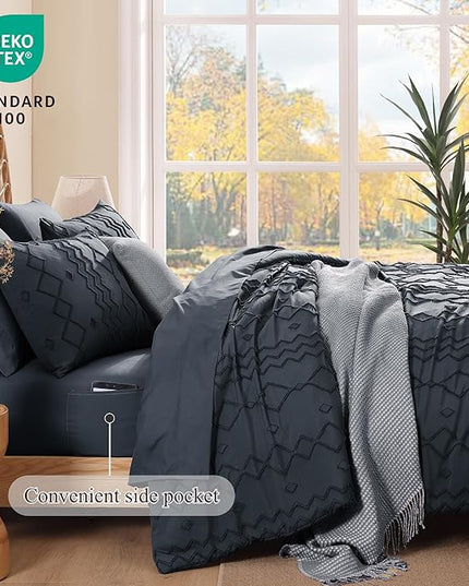 Full Size Comforter Set Navy Blue, Tufted Boho Bedding Farmhouse Bed Set, All Season 7 Pieces Bed in a Bag with Sheets, Pillowcases & Shams