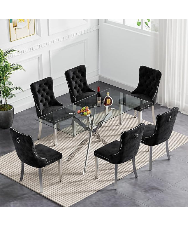 60.63in Rectangular Glass Dining Table Set for 6, Glass Kitchen Table and Chair Set for 6, Modern 7 Piece Dining Room Set with 6 Fabric Upholstered Chairs, Silver Metal Legs Home Kitchen Furniture