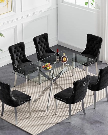 60" Glass Dining Table Set for 6, Modern Dining Room Table Set for 6, Silver X-Shape Pedestal Glass Table with 6pcs Black Dining Chairs, 7 Piece Dining Set for Dining Living Room