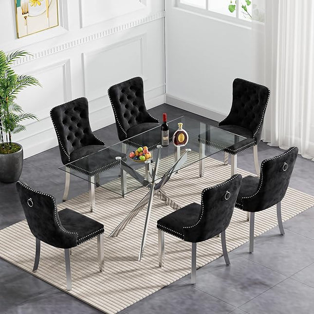 51" Glass Dining Table Set for 6, Modern Dining Room Table Set for 6, Silver X-Shape Pedestal Glass Table with 6pcs Black Dining Chairs, 7 Piece Dining Set for Dining Living Room