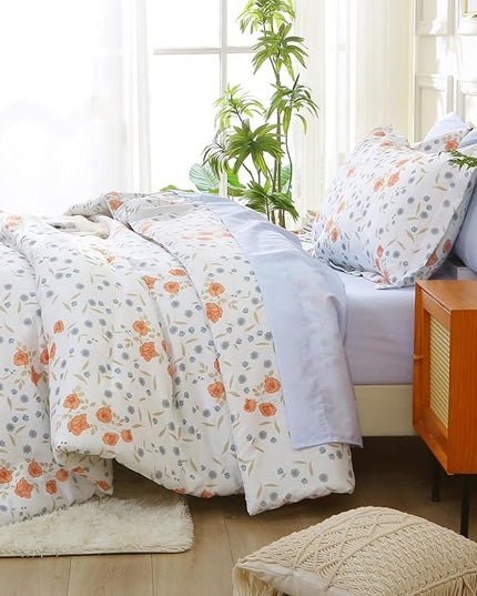 MUXHOMO Orange Blossom Full Comforter Set, Elegant Floral Print Bed in a Bag 7 Pieces, Ultra Soft & Breathable Reversible Botanical Pattern Bedding Set with Comforter, Sheets, Pillowcases, and Shams