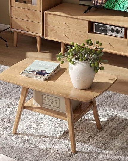 100% Solid Oak Wood Coffee Table for Living Room, Small Table with Shelf Storage, Mid Century Modern Coffee Tables with Rounded Corners for Home (Natural, 31.49" x 19.68" x 17.32")