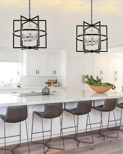19'' Modern Farmhouse Chandelier 5-Light Black Brushed Nickel Chandelier with Industrical Metal Cage, Adjustable Geometric Pendant Light Fixture for Dining Room Kitchen Living Room Entryway