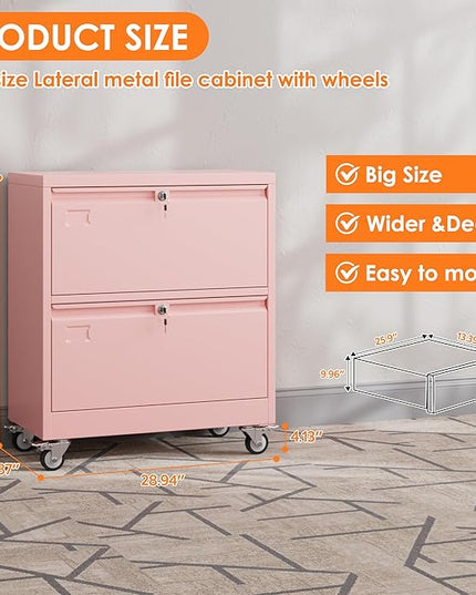 METAN Upgrade 2 Drawers Lateral File Cabinet on Wheels,Steel Office Filing Storage Cabinet with 2 Locks,Assembly Required,Pink