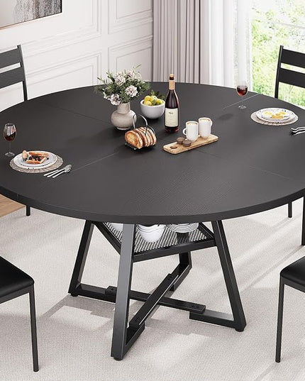 51'' Round Dining Table for 6,Kitchen Dining Room Circle Dinner Pedestal Table,Space Saving Wood Kitchen & Dining Room Furniture (Black, 51In)