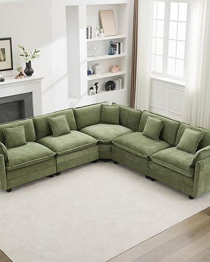 137'' V Shaped Cloud Sectional Sofa, Oversized Deep Seat Couches for Living Room, Chenille Comfy Upholstered Modular Sectional Sofa Couch, Green