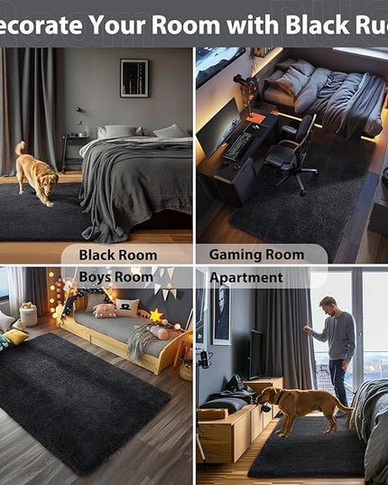 Ophanie Black Area Rugs for Bedroom Living Room, 4x6 Fluffy Fuzzy Shag Shaggy Carpet Soft Plush Furry Bedside Rug, Indoor Floor Rug for Kids Girls Boys Home Decor Aesthetic, Dorm Nursery