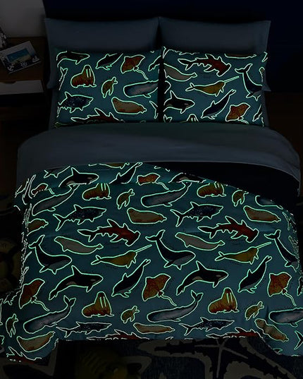 Full Size Comforter Set for Boys-7 Pieces Ocean Animals Glow in The Dark Full Bedding Sets for Kids, Ultra Soft Bed in A Bag with Sheets