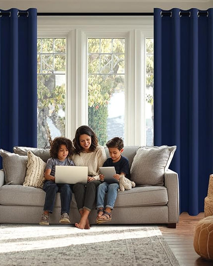 JIUZHEN Blackout Curtains with Tiebacks - Thermal Insulated, Light Blocking and Noise Reducing Grommet Curtain Drapes for Bedroom and Living Room, Set of 2 Panels, 42 x 84 Inches Long, Navy Blue