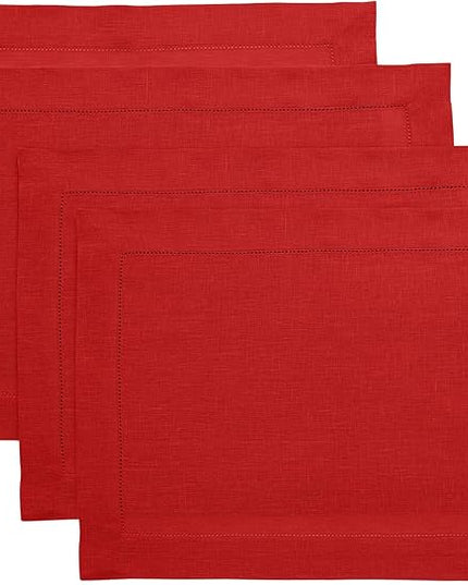 Solino Home Linen Placemats Set of 4 - Classic Hemstitch Red Placemats 14 x 19 Inch - 100% Pure Linen Table Mats for Holiday