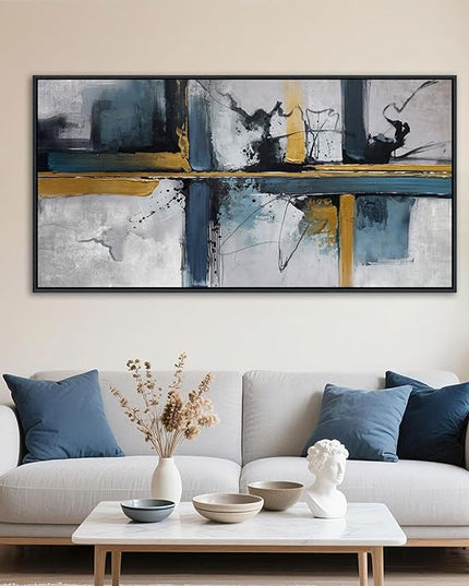 Abstract Canvas Wall Art Framed Modern Wall Art for Living Room Navy Blue Artwork for Walls, Above Bed Wall Decor With Navy and Gold for Bedroom and Living Room Office Pictures Wall Decor 24×48IN