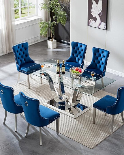 70" Modern Silver Glass Dining Table Set for 6, 7-Piece Rectangle Kitchen Dining Room Table Set with Steel Base & 6 Blue Velvet Upholstered Chairs, Modern Glass Kitchen Table and Chairs Set of 6