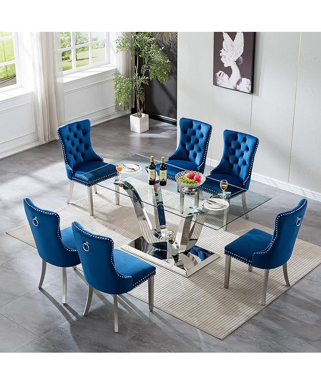 7-Piece Glass Dining Table Set w/6 Blue Upholstered Dining Chairs, 70in Rectangular Large Kitchen Table Set for 6, Glass and Silver Dining Table and Chair Set for 6
