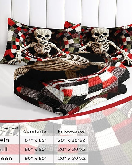 AILONEN Skull Print Comforter Set Full Size,3-Piece Skeleton Halloween Theme Bedding Set,Colorful Checkered Skull Art Duvet with 2 Pilllowcases