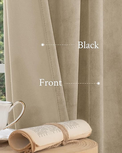 LAMIT Taupe Velvet Curtains 120 Inch for Living Room, Thick Thermal Insulated Room Darkening Drapes Super Soft Elegant Back Tab and Rod Pocket Panels for Sliding Glass Door, 2 Panels, 52 x 120 Inch