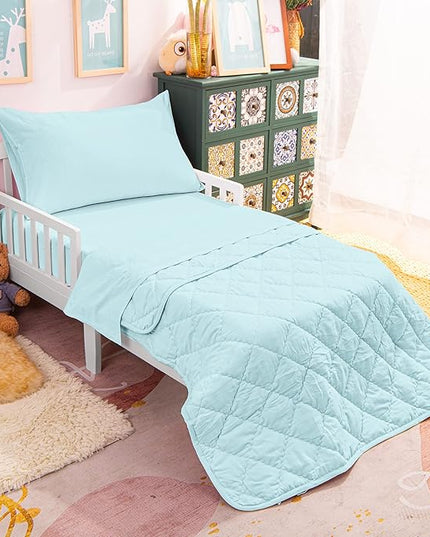 NTBAY Toddler Bedding Set - 4 Piece Soft and Breathable Crib Bedding Set for Boys and Girls, Includes Quilted Comforter, Fitted Sheet, Flat Top Sheet and Envelope Pillowcase, Aqua