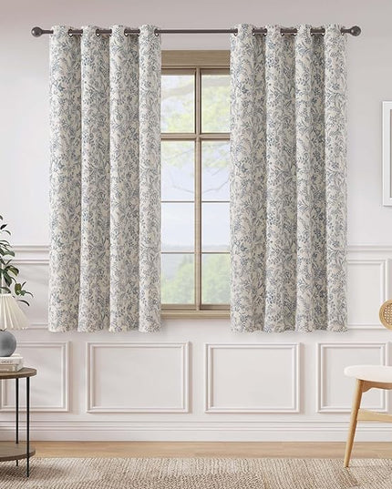 Lazzzy Blue Floral Farmhouse Linen Lined Curtain with 63 Inches Length Grommet Top Drapes for Living Room Bedroom Flower Patterned Country Vintage Curtains 2 Panels Set Green on Beige