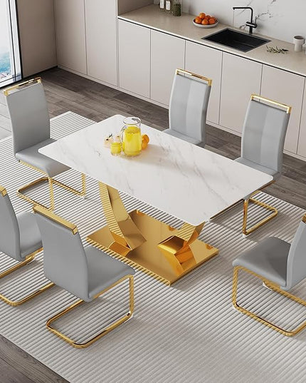 63” Dining Room Table Set for 6,Modern Gold Dining Table Set for 6 with Leather Chairs, White Faux Marble Dinner Table Set with Tempered Glass Top and Golden Base