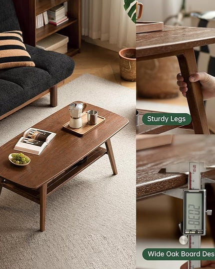 100% Solid Oak Wood Coffee Table with Storage Shelf, 2-Tier Rectangle Coffee Table for Living Room, Modern Center Table for Living Room (Walnut Colour, 47.24" W x22.05 D x 17.32" H)