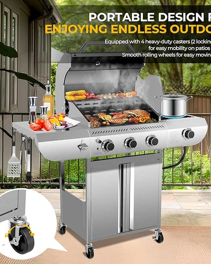 3-Burner Propane Gas Grill with Side Burner – 34,000 BTU Stainless Steel Outdoor BBQ Grill, Cast Iron Grates, Portable with Wheels for Patio, Camping