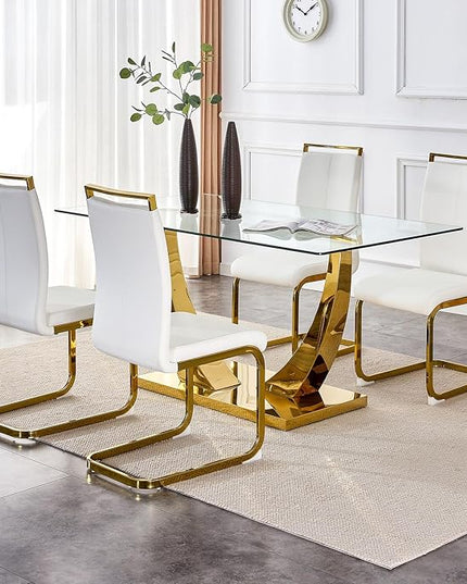 63” Glass Dining Table Set for 4,Gold Dining Room Table Set for 4,Modern Kitchen Table and PU Leather Chairs for 4, Dinner Table with Rectangle Tempered Glass Top and Golden Base