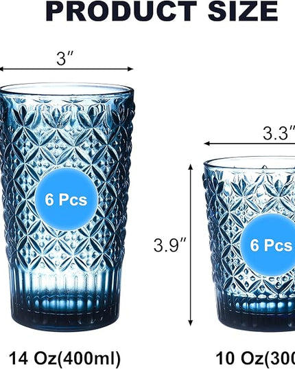 Blue Drinking Glasses Set of 12, 14 Oz Highball & 10 Oz Cocktail Glasses, Blue Kitchen Vintage Glassware Set, Floral Embossed Glass Tumbler Cups for Juice, Beer, Water, Whiskey, Coffee