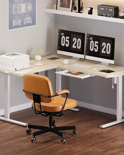 FLEXISPOT L Shaped Standing Desk, 63 x 55 Inch Electric Height Adjustable Corner Desk, Sit Stand Computer Workstation, Preset Controller, Home Office, White Frame with Maple Top, White Drawer