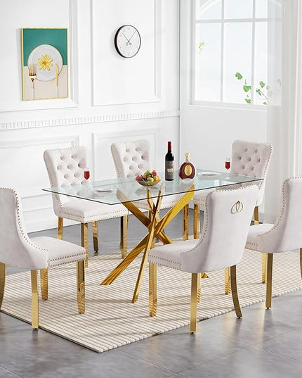 60" Glass Dining Table Set for 6, Modern Dining Room Table Set for 6, Gold X-Shape Pedestal Glass Table with 6pcs Beige Dining Chairs, 7 Piece Dining Set for Dining Living Room