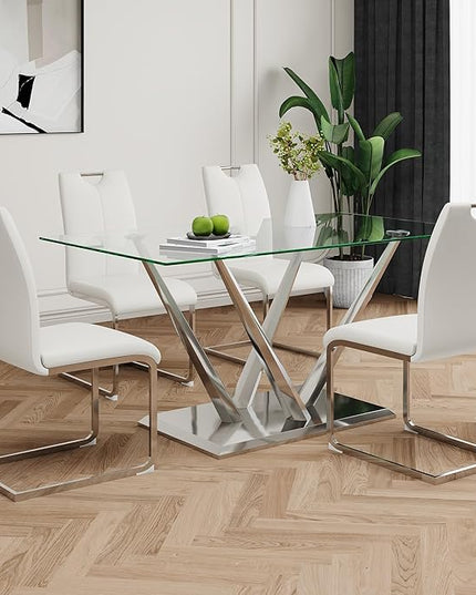 63'' Glass Dining Table for 4 or 6, 0.39" Tempered Glass Tabletop and Silver Stainless Steel Base, Large Dining Room Table for 6, Home Kitchen Table for Dining Room, Modern Dining Table for 6