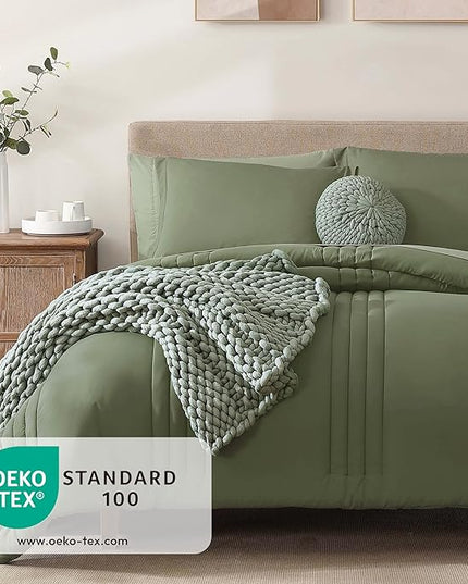Monbix Full Comforter Set - 7 Pieces Light Sage Green Bed in a Bag Full Size Bedding Sets with Comforters, All Seasons Down Alternative Comforter with Sheets,Pillowcases & Shams