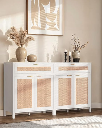 YOUDENOVA 60.3" Sideboard Buffet Cabinet, Rattan Cabinet Cupboard Console with 4 Doors & 2 Drawers, Boho Coffee Bar Table with Adjustable Shelves for Dining Room, Living Room, White