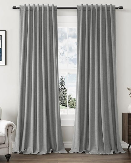 Guken 100% Blackout Linen Curtains 90 Inch Length 2 Panels Set for Living Room Bedroom Back Tab Thermal Insulated Black Out Linen Drapes Room Darkening Window Curtains,Dark Grey
