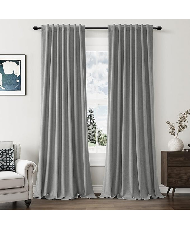 Guken 100% Blackout Linen Curtains 90 Inch Length 2 Panels Set for Living Room Bedroom Back Tab Thermal Insulated Black Out Linen Drapes Room Darkening Window Curtains,Dark Grey