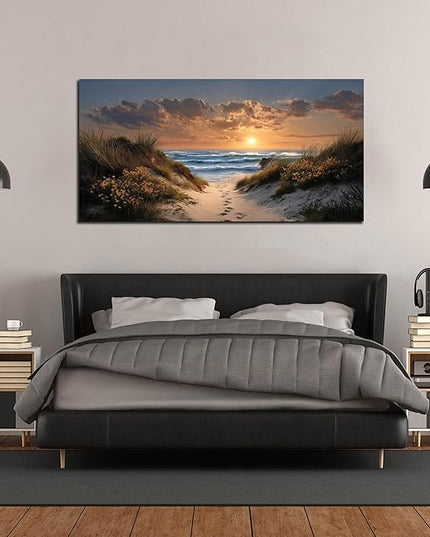 Ouzzlie Brown Wall Art Sunset Wall Decor Landscape Picture Art Print Seascape Canvas Large Coastal Blue Ocean Artwork for Living Room Bedroom Office 29" x 59"