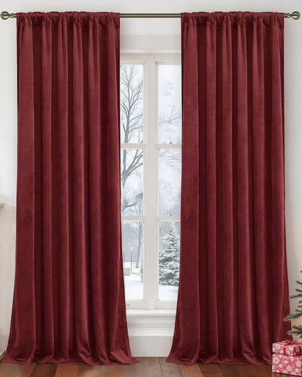 LAMIT Burgundy Red Velvet Curtains 120 Inch for Living Room, Vintage Thermal Blackout Panels Room Darkening Back Tab and Rod Pocket Christmas Decor Drapes for Bedroom/Theater, 2 Panels, 52 x 120 Inch