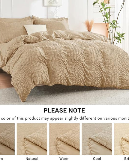 HYMOKEGE Khaki Full Size Comforter Sets Seersucker 7 Pieces, All Season Luxury Bed in a Bag for Bedroom, Bedding Set with Comforter, Sheets, Pillowcases & Shams