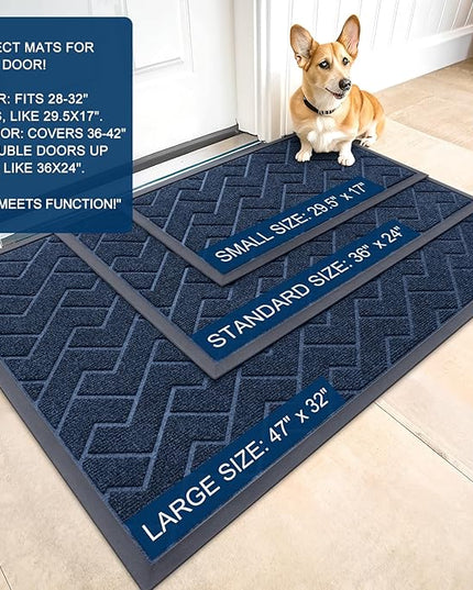 OLANLY Front Door Mat Indoor Outdoor Entrance, Waterproof All-Season, All-Weather Doormat, Sturdy Natural Rubber, Low Profile, Easy Clean Patio Porch Entryway Mat, Herringbone Brick (Blue, 47x23)